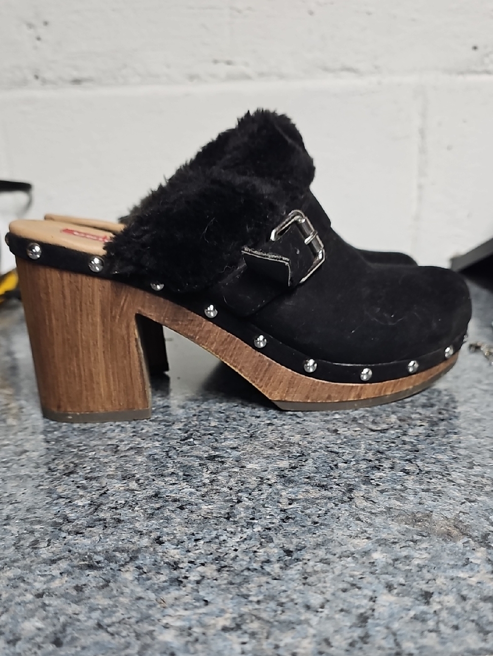 Faux Fur Trim Black Suede Clog Heels